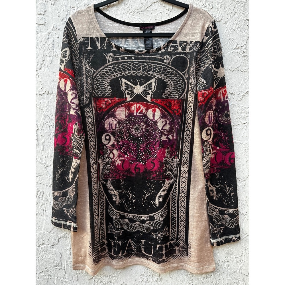 Custo Barcelona Y2K Natural Beauty Clock Graphic Tunic Top Size 4 Long Sleeve